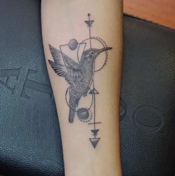 Geometric Shaded Hummingbird Forearm Tattoo