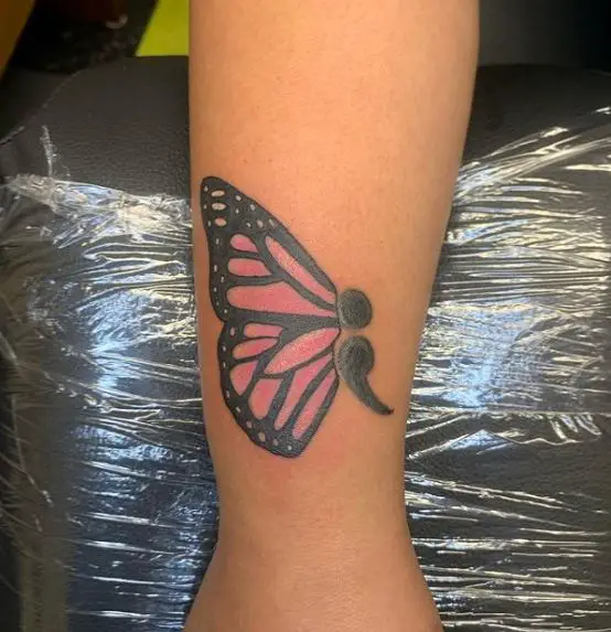 Pink Semicolon Butterfly Forearm Tattoo