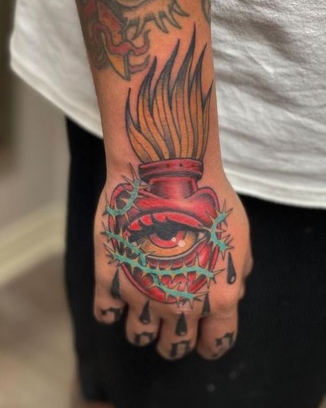 Colorful Sacred Heart with Eye Hand Tattoo