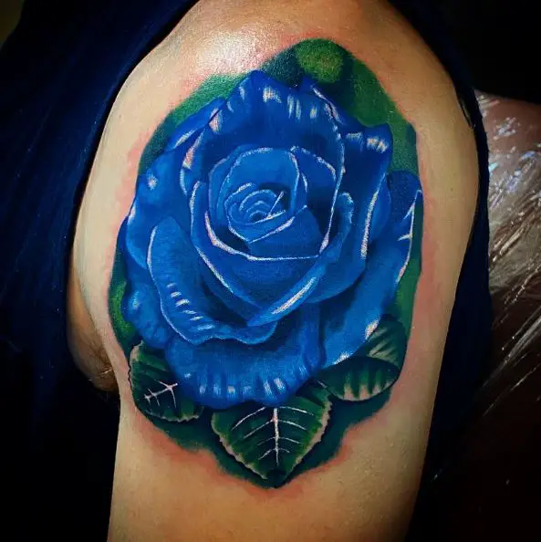 Big Blue Rose Shoulder Tattoo