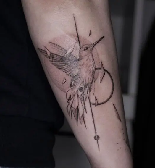 Geometric Grey Hummingbird Forearm Tattoo