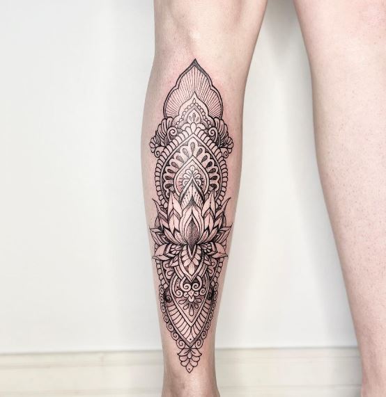 Lotus and Mandala Calf Muscle Tattoo