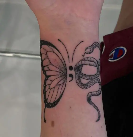 Semicolon Snake and Butterfly Wrist Tattoo