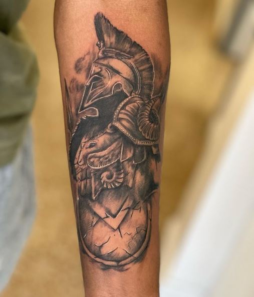 Spartan Warrior with Shield Forearm Tattoo