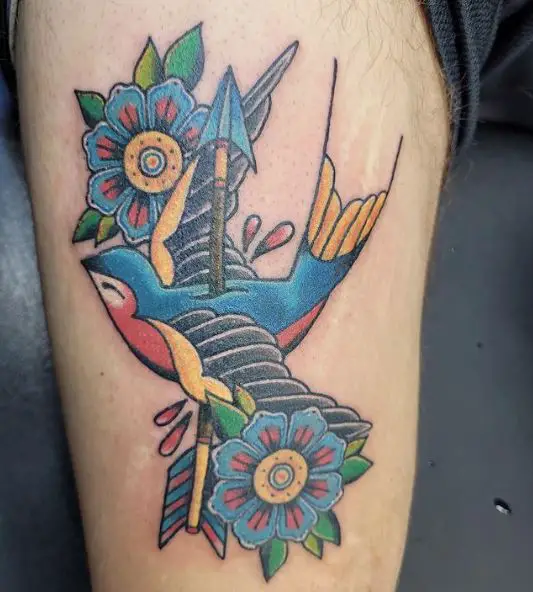 Flowers and Sparrow with Arrow Tattoo