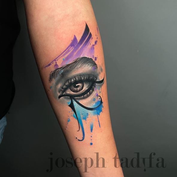 Blue & Violet Water Color Details Eye of Horus Tattoo