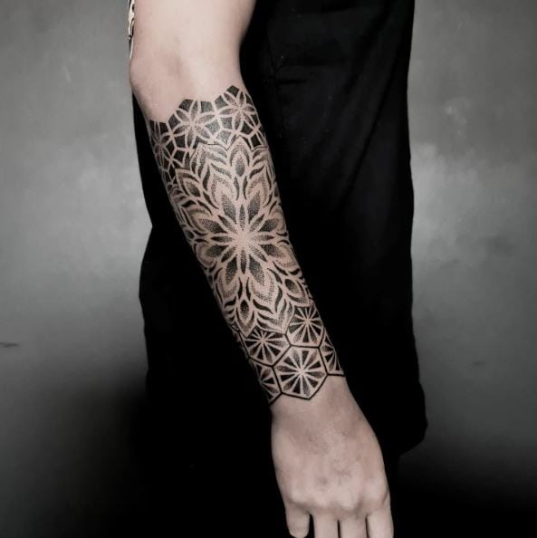 Grey Shaded Mandala Forearm Sleeve Tattoo