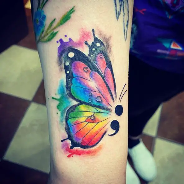 Colorful Semicolon Butterfly Arm Tattoo