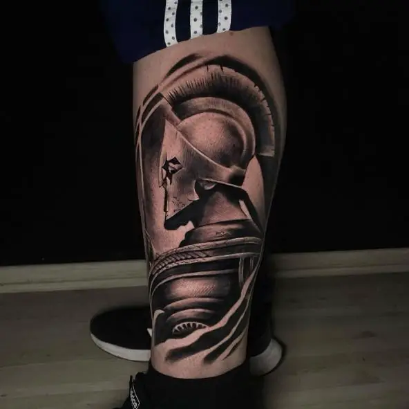 Spartan Warrior with Helmet Calf Muscle Tattoo