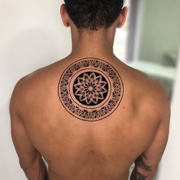 Black and Grey Mandala Back Tattoo