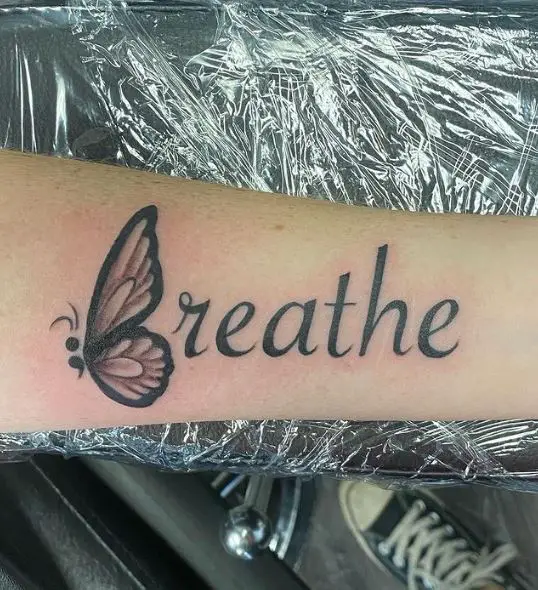 Breathe Semicolon Butterfly Arm Tattoo