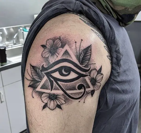 Grey Flowers Pyramid Eye of Horus Shoulder Tattoo