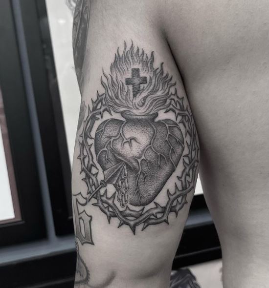 Arrow in Grey Bleeding Sacred Heart Arm Tattoo