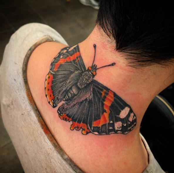 Realistic Red Admiral Butterfly Neck Tattoo