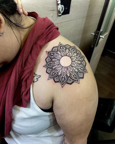 Black and Grey Mandala Shoulder Tattoo