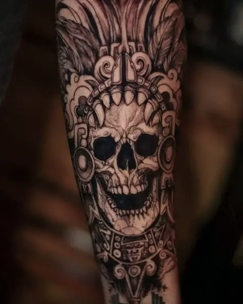 Black and Grey Mayan Skull Arm Tattoo