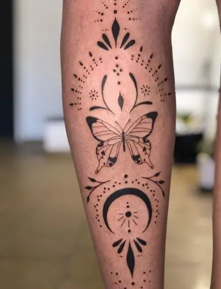 Butterfly with Ornaments Leg Tattoo