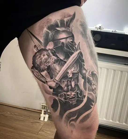Spartan Warrior with Sword Thigh Tattoo
