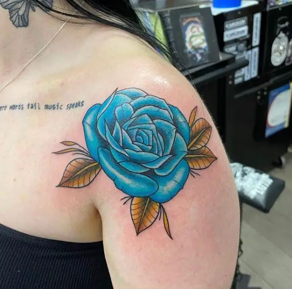 Blue Rose Flower with Brown Leaves Shoulder Tattoo