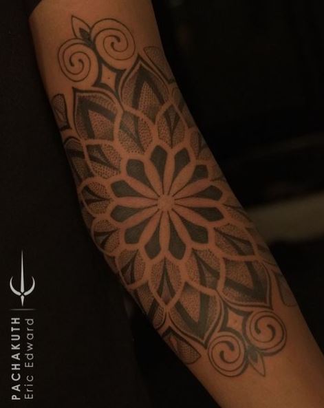 Grey Shaded Mandala Elbow Tattoo