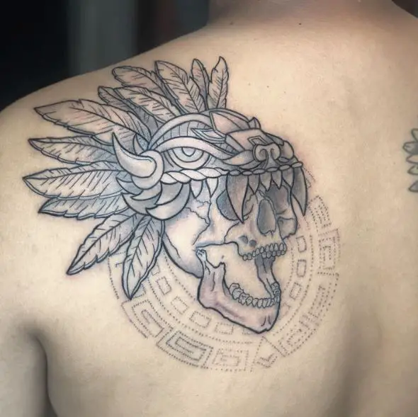 Grey Mayan Skull with Headdress Tattoo