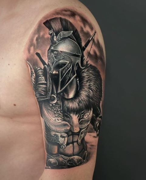 Armed Spartan Warrior with Helmet Arm Tattoo