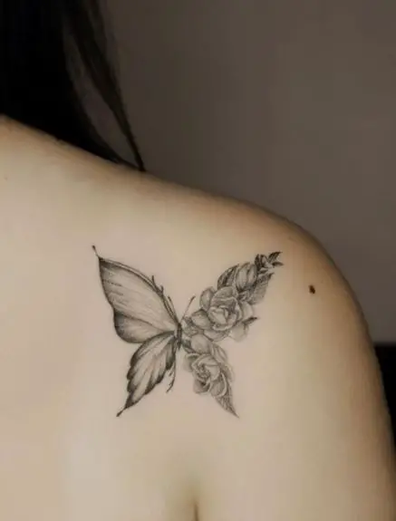 Half Flower Half Butterfly Shoulder Tattoo