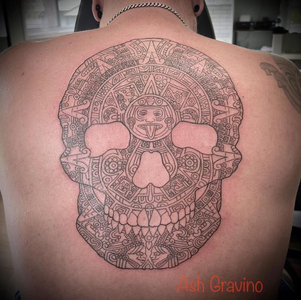 Big Mayan Skull Back Tattoo