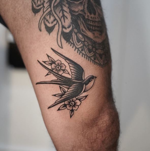 Black and Grey Flowers and Swallow Thigh Tattoo