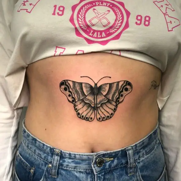 Big Black and Grey Moth Belly Tattoo