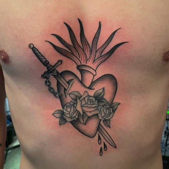 Flowers on Stabbed Bleeding Sacred Heart Chest Tattoo