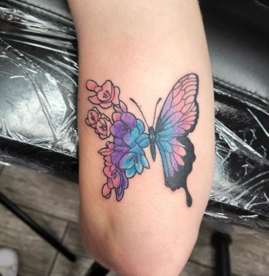 Colorful Floral Butterfly Elbow Tattoo