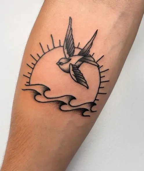 Sun with Ocean Waves and Sparrow Tattoo
