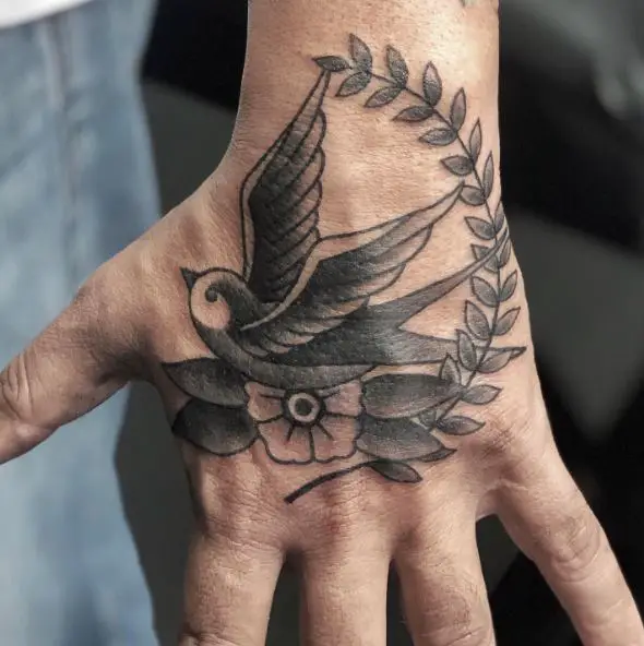 Black and Grey Flower Olive Branch and Swallow Hand Tattoo