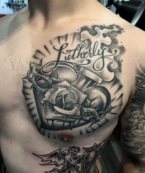 Black and Grey Rose on Sacred Heart Chest Tattoo