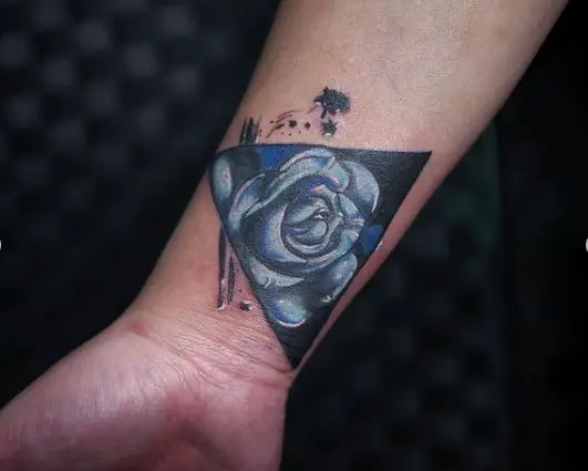 Blue Rose in Triangle Wrist Tattoo