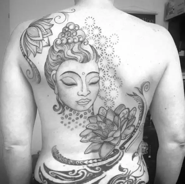 Woman Head and Lotus Flowers Back Tattoo