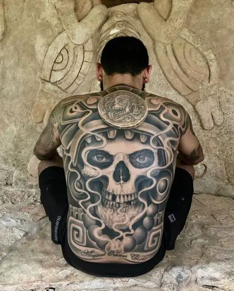 Big Black and Grey Mayan Skull Back Tattoo
