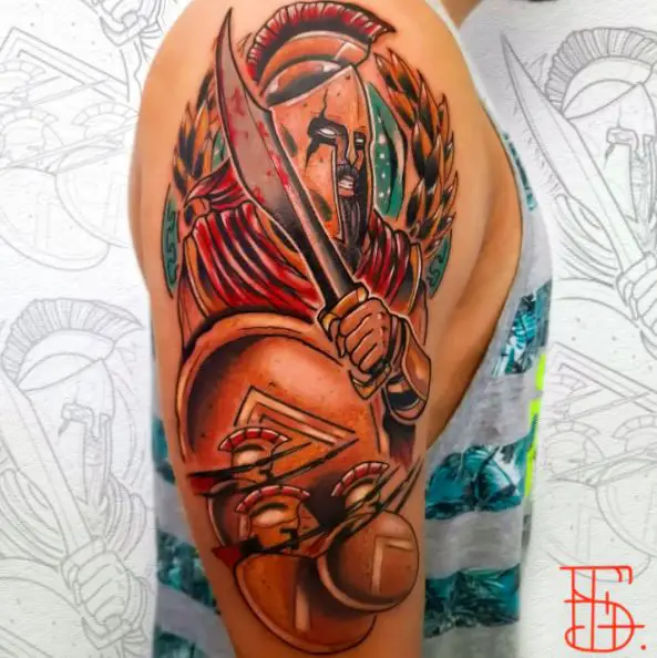 Colorful Spartan Warrior in Battle Arm Tattoo