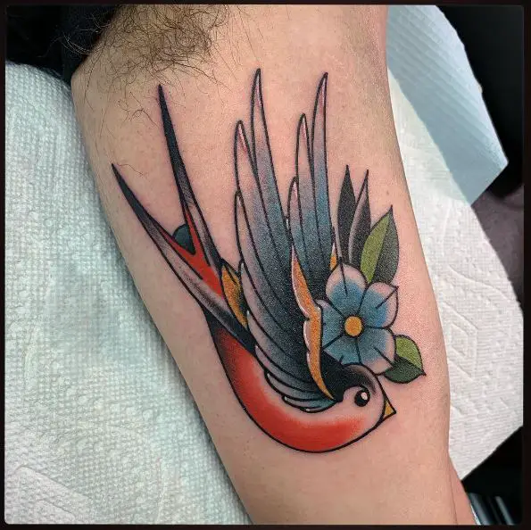 Blue Flower and Colored Flying Swallow Biceps Tattoo