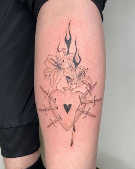 Flowers and Bleeding Stabbed Sacred Heart Arm Tattoo