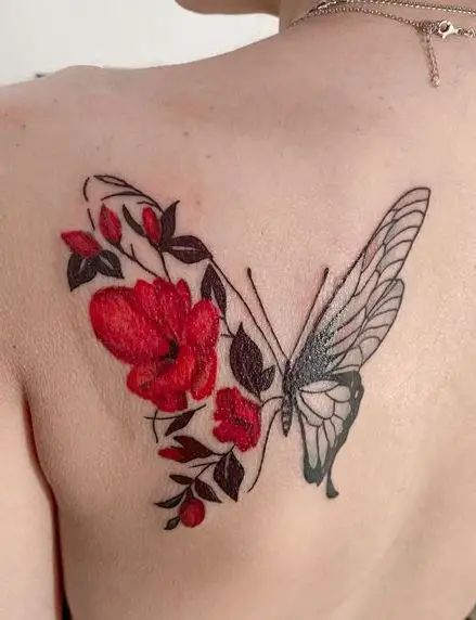 Red Flowers and Black Butterfly Back Tattoo