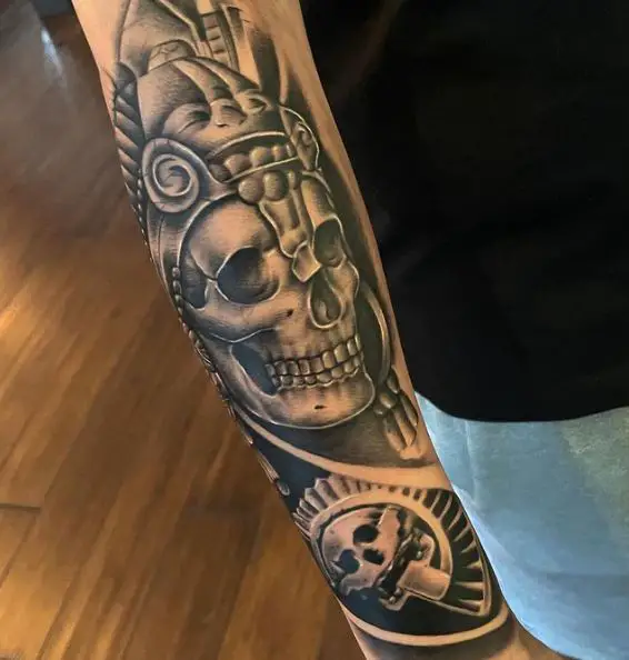 Grey Mayan Skull Forearm Sleeve Tattoo