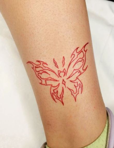 Tribal Red Line-Work Butterfly Leg Tattoo