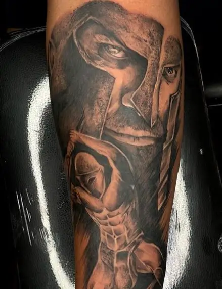 Spartan Face and Spartan in Battle Arm Tattoo