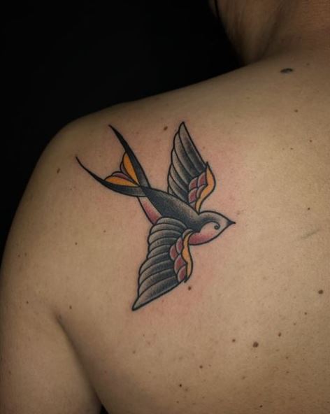 Black and Violet Swallow Shoulder Tattoo