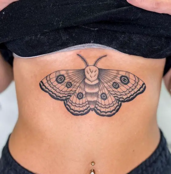 Grey Fine-Lined Moth Belly Tattoo