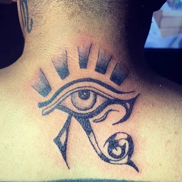 Grey Shaded Eye of Horus Back of Neck Tattoo