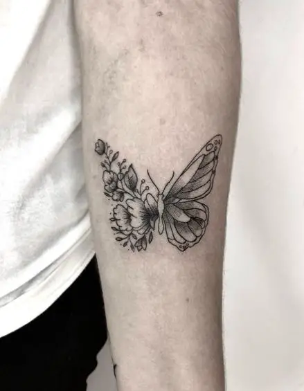 Grey Flowers and Butterfly Forearm Tattoo