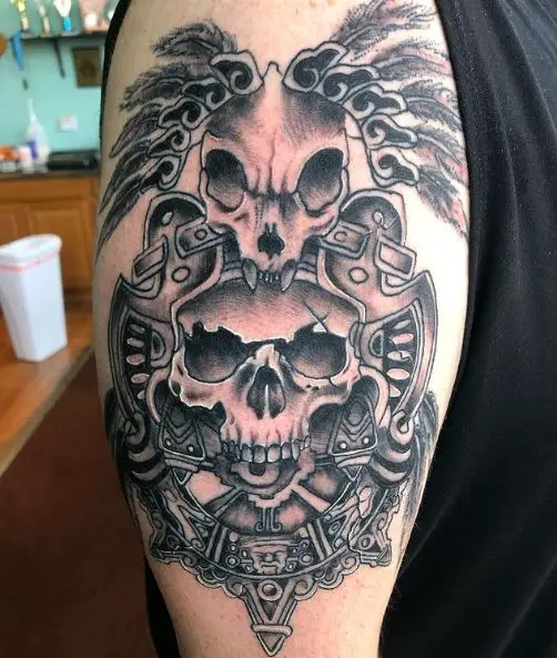 Mayan Skull with Symbols and Feathers Arm Tattoo